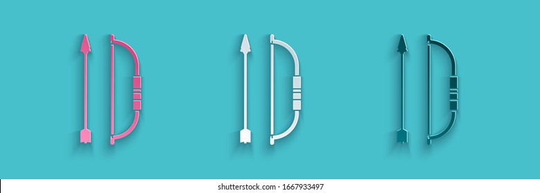 Cortar papel Bow y flecha en el icono de quiver aislado en fondo azul. Estilo de arte de papel. Ilustración vectorial