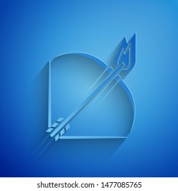 Paper cut Bow and fire arrow icon isolated on blue background. Paper art style. Vector Illustration