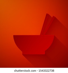 Paper cut Bowl with asian food and pair of chopsticks silhouette icon isolated on red background. Concept of prepare, eastern diet. Paper art style. Vector Illustration