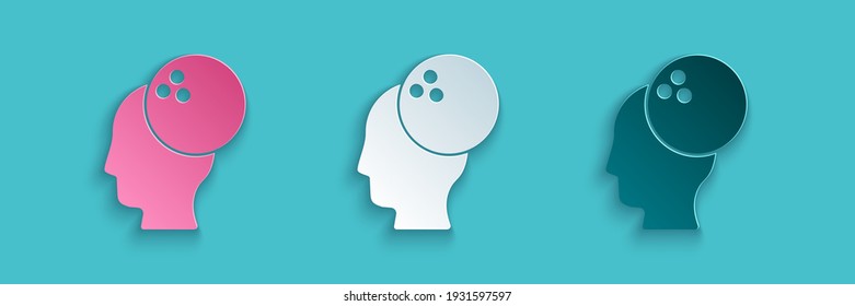 Paper cut Bowling ball icon isolated on blue background. Sport equipment. Paper art style. Vector