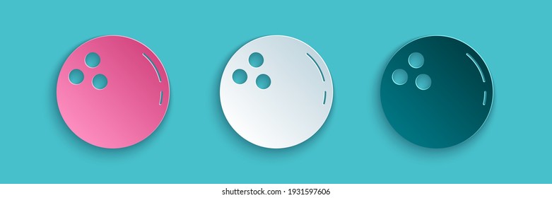 Paper cut Bowling ball icon isolated on blue background. Sport equipment. Paper art style. Vector