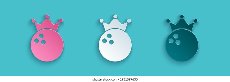 Paper cut Bowling ball icon isolated on blue background. Sport equipment. Paper art style. Vector