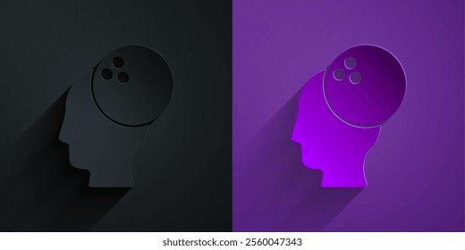 Paper cut Bowling ball icon isolated on black on purple background. Sport equipment. Paper art style. Vector