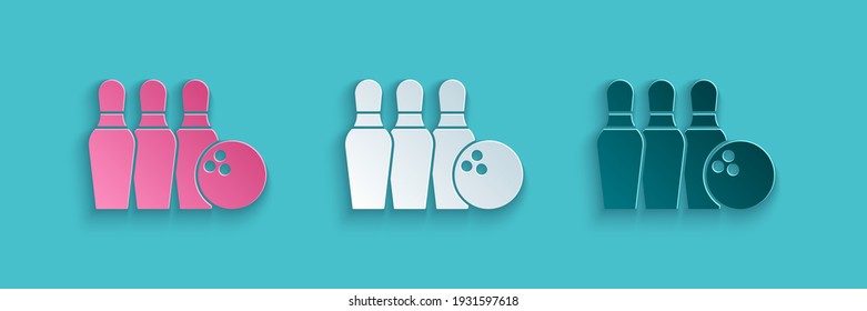 Paper cut Bowling pin and ball icon isolated on blue background. Sport equipment. Paper art style. Vector