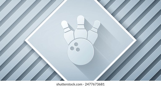 Icono de boliche y bola aislado sobre fondo gris. Equipamiento deportivo. Estilo de arte de papel. Vector