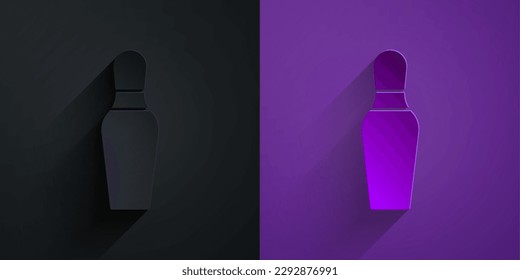 Paper cut Bowling pin icon isolated on black on purple background. Paper art style. Vector