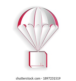 Paper cut Box flying on parachute icon isolated on white background. Parcel with parachute for shipping. Delivery service, air shipping concept, bonus. Paper art style. Vector.