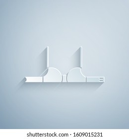 Paper cut Bra icon isolated on grey background. Woman underwear. Paper art style. Vector Illustration