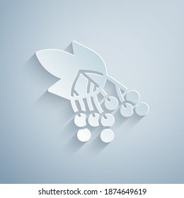 Paper cut Branch viburnum or guelder rose icon isolated on grey background. Healthful viburnum fruit bunch for natural vitamin. Paper art style. Vector.