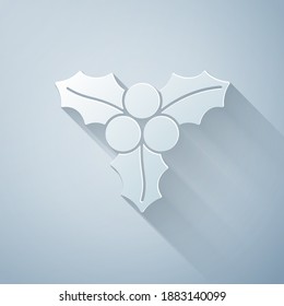 Paper cut Branch viburnum or guelder rose icon isolated on grey background. Merry Christmas and Happy New Year. Paper art style. Vector