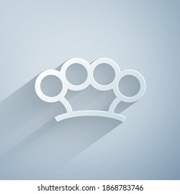 Paper cut Brass knuckles icon isolated on grey background. Paper art style. Vector