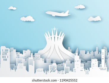 Paper cut of Brazil and famous landmark,Vector illustration and digital craft style.