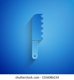 Paper cut Bread knife icon isolated on blue background. Cutlery symbol. Paper art style. Vector Illustration