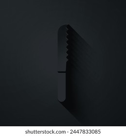 Papier geschnitten Brotmesser Symbol isoliert auf schwarzem Hintergrund. Bestecksymbol. Papierkunststil. Vektorillustration