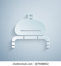 Paper cut Bread and salt on towel icon isolated on grey background. National food loaf. Traditional ukrainian wedding bread. Paper art style. Vector.