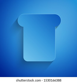 Paper cut Bread toast for sandwich piece of roasted crouton icon isolated on blue background. Lunch, dinner, breakfast snack. Paper art style. Vector Illustration