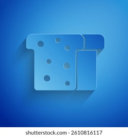 Paper cut Bread toast for sandwich piece of roasted crouton icon isolated on blue background. Lunch, dinner, breakfast snack. Paper art style. Vector