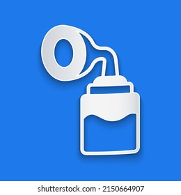 Paper cut Breast pump icon isolated on blue background. Paper art style. Vector