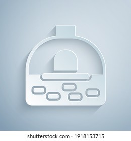 Paper cut Brick stove icon isolated on grey background. Brick fireplace, masonry stove, stone oven icon.Paper art style. Vector.
