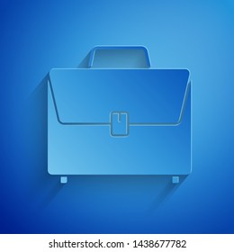 Paper cut Briefcase icon isolated on blue background. Business case sign. Business portfolio. Paper art style. Vector Illustration