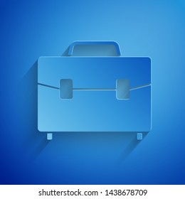 Paper cut Briefcase icon isolated on blue background. Business case sign. Business portfolio. Paper art style. Vector Illustration