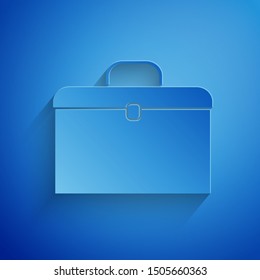 Paper cut Briefcase icon isolated on blue background. Business case sign. Business portfolio. Paper art style. Vector Illustration