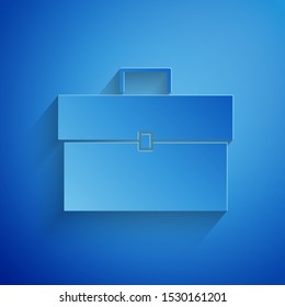 Paper cut Briefcase icon isolated on blue background. Business case sign. Business portfolio. Paper art style. Vector Illustration