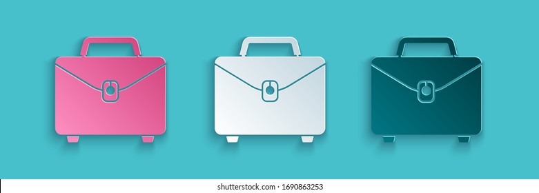 Paper cut Briefcase icon isolated on blue background. Business case sign. Business portfolio. Paper art style. Vector Illustration