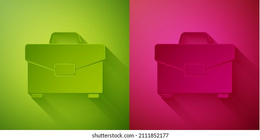 Paper Cut Briefcase Icon Isolated On Green And Pink Background. Business Case Sign. Business Portfolio. Paper Art Style. Vector Illustration