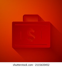 Paper Cut Briefcase And Money Icon Isolated On Red Background. Business Case Sign. Business Portfolio. Financial Management. Paper Art Style. Vector