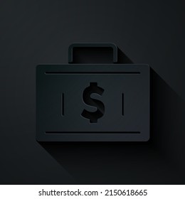 Paper Cut Briefcase And Money Icon Isolated On Black Background. Business Case Sign. Business Portfolio. Financial Management. Paper Art Style. Vector