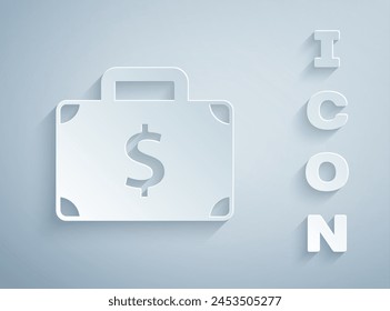 Maletín de papel cortado e icono de dinero aislado sobre fondo gris. Signo de caso de negocio. Cartera empresarial. Estilo de arte de papel. Vector