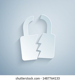 Paper cut Broken or cracked lock icon isolated on grey background. Unlock sign. Paper art style. Vector Illustration Paper cut Broken or cracked lock icon isolated on grey background. Unlock sign. Paper art style. Vector Illustration