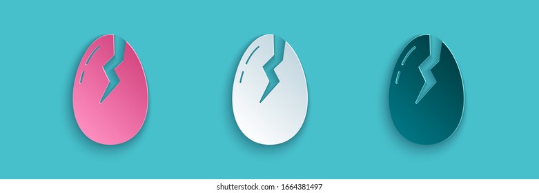 Paper cut Broken egg icon isolated on blue background. Happy Easter. Paper art style. Vector Illustration