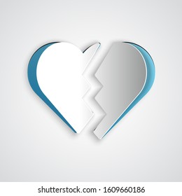 Paper cut Broken heart or divorce icon isolated on grey background. Love symbol. Valentines day. Paper art style. Vector Illustration