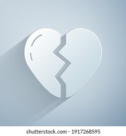 Paper Cut Broken Heart Or Divorce Icon Isolated On Grey Background. Love Symbol. Valentines Day. Paper Art Style. Vector