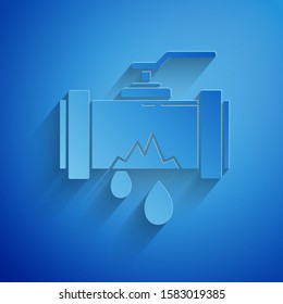 Paper cut Broken metal pipe with leaking water icon isolated on blue background. Paper art style. Vector Illustration