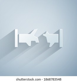 Paper cut Broken metal pipe with leaking water icon isolated on grey background. Paper art style. Vector
