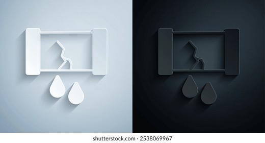 Paper cut Broken oil pipe with valve icon isolated on grey and black background. Paper art style. Vector