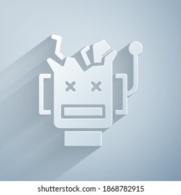 Paper cut Broken robot icon isolated on grey background. Artificial intelligence, machine learning, cloud computing. Paper art style. Vector