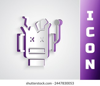Paper cut Broken robot icon isolated on grey background. Artificial intelligence, machine learning, cloud computing. Paper art style. Vector