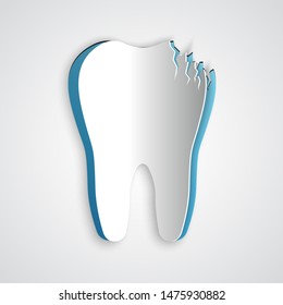 Paper cut Broken tooth icon isolated on grey background. Dental problem icon. Dental care symbol. Paper art style. Vector Illustration