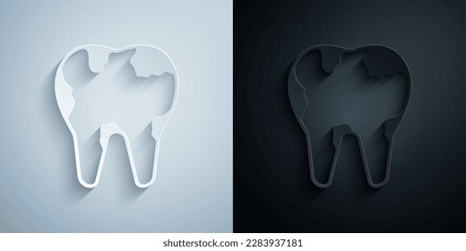 Paper cut Broken tooth icon isolated on grey and black background. Dental problem icon. Dental care symbol. Paper art style. Vector