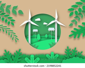Paper Cut Brown And Green Background With Windmills, Solar Panels, Trees, Clouds, Leaves.