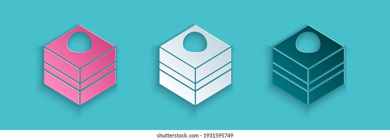 Paper cut Brownie chocolate cake icon isolated on blue background. Paper art style. Vector