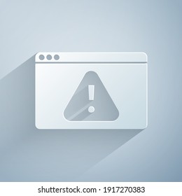 Paper cut Browser with exclamation mark icon isolated on grey background. Alert message smartphone notification. Paper art style. Vector