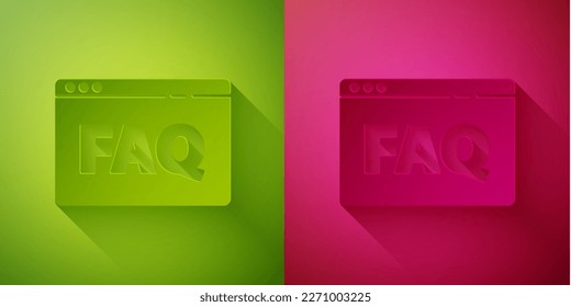 Paper cut Browser FAQ icon isolated on green and pink background. Internet communication protocol. Paper art style. Vector Illustration