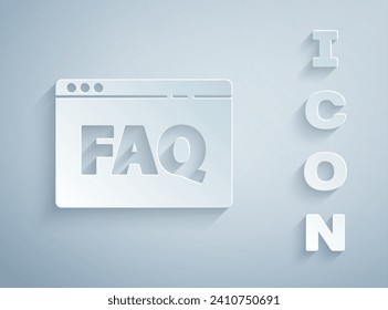 Icono de preguntas frecuentes del navegador de corte de papel aislado en fondo gris. Protocolo de comunicación por Internet. Estilo de arte de papel. Ilustración vectorial