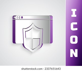 Paper cut Browser with shield icon isolated on grey background. Security, safety, protection, privacy concept. Paper art style. Vector
