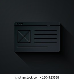 Papierschnitt-Browser-Symbol einzeln auf schwarzem Hintergrund. Kunststil aus Papier. Vektorgrafik.